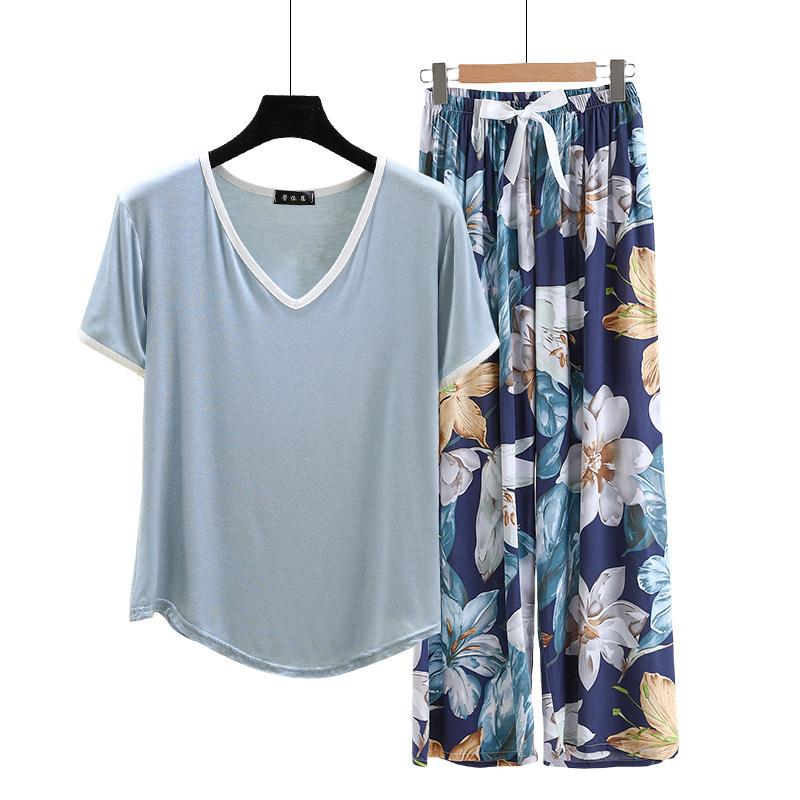 Modal Loungewear V-Neck color-block Tshirt and Floral Wide leg pants Summer Thin Pajamas sets Casual Plus size Homewear 2pcs suit Comfort clothing