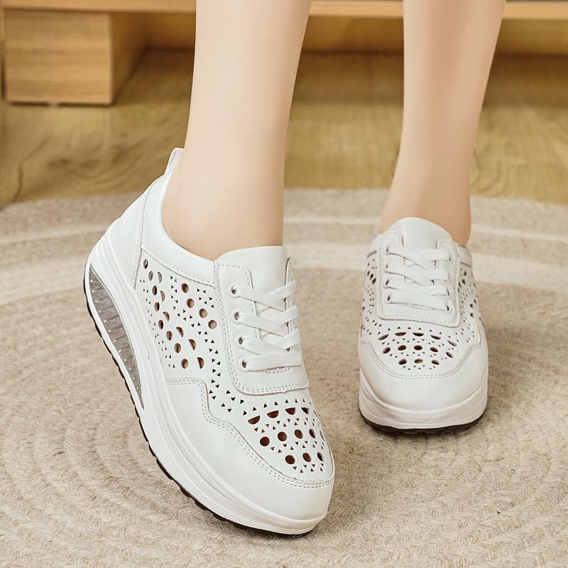 Women's Hole Sneakers Height Increase White Leather Platform Casual Summer Thick Sole Elevator Shake Shoes