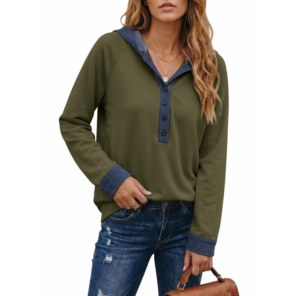 Women's Color Button Front Pullover Sweatshirt with Long Sleeves and Round Neck