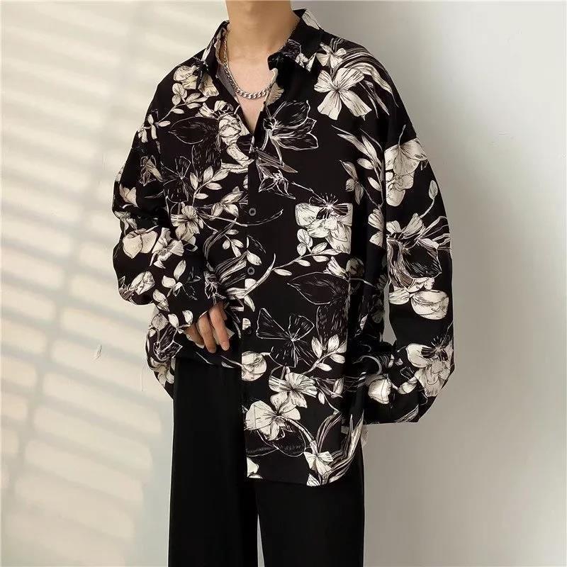 Unisex Thai Vintage Floral Long-Sleeve Shirt, Loose Fit for Street Dance, Spring/Autumn
