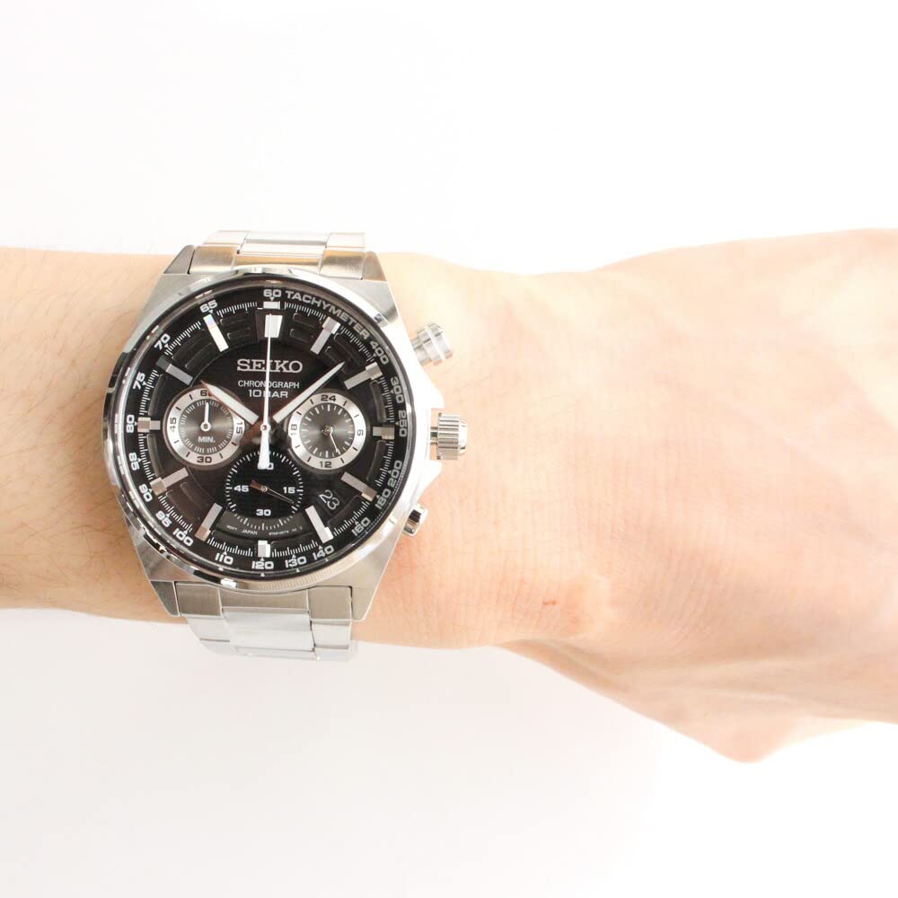Seiko Watch Men's Waterproof Quartz Analog Chronograph Stainless Steel Metal Silver Black SSB397P