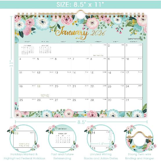 2026 Calendar - 2026 Wall Calendar, 11" X 8.5", JAN.2026 -DEC.2026, 12 Monthly Wall Planner Large, Hanging Hook, Wall Calendar With Twin-Wire Binding