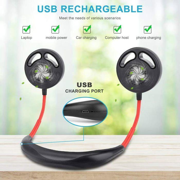 Ventilateur portable - USB - Rechargeable - Silencieux - 3 vitesses - Tour de cou