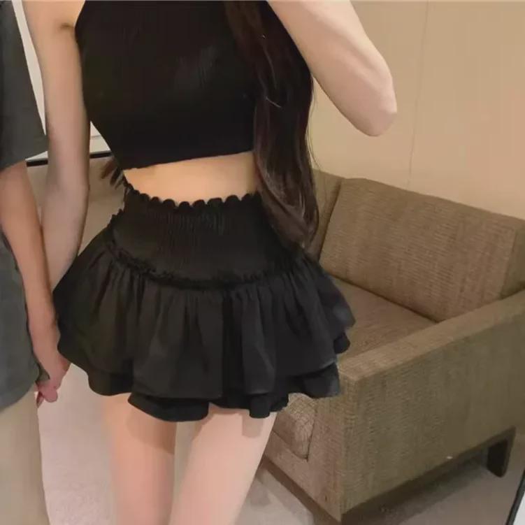 Women's Black High-Waist Pleated Ballet-Style A-Line Skirt with Anti-Exposure Shorts