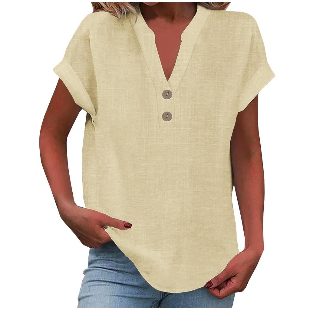 2025 Women's Solid Color V-Neck Buttoned Cotton-Linen Short-Sleeve Top