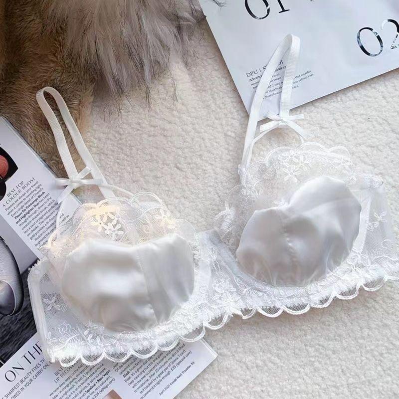 Sexy Pure Lace Half Cup Underwear Women's Small Breasts Gather Anti-sagging No Steel Ring Thin Bra Cover Set New