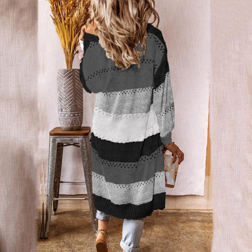 Women's Autumn and Winter Long-sleeved V-neck Plaid Long Cardigan Sweater