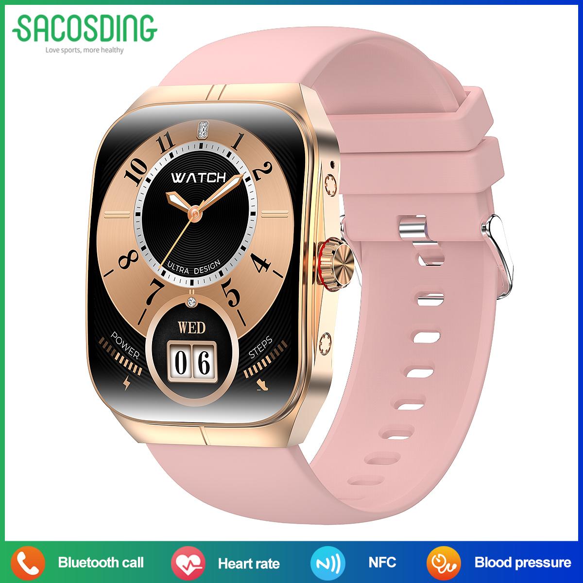 

SACOSDING 1,95-дюймовый изогнутый Amoled дисплей Смарт-часы Поддержка NFC Bluetooth Звонки Мониторинг здоровья IP67 Водонепроницаемые Смарт-часы Часы Для Мужчин И Женщин розовый