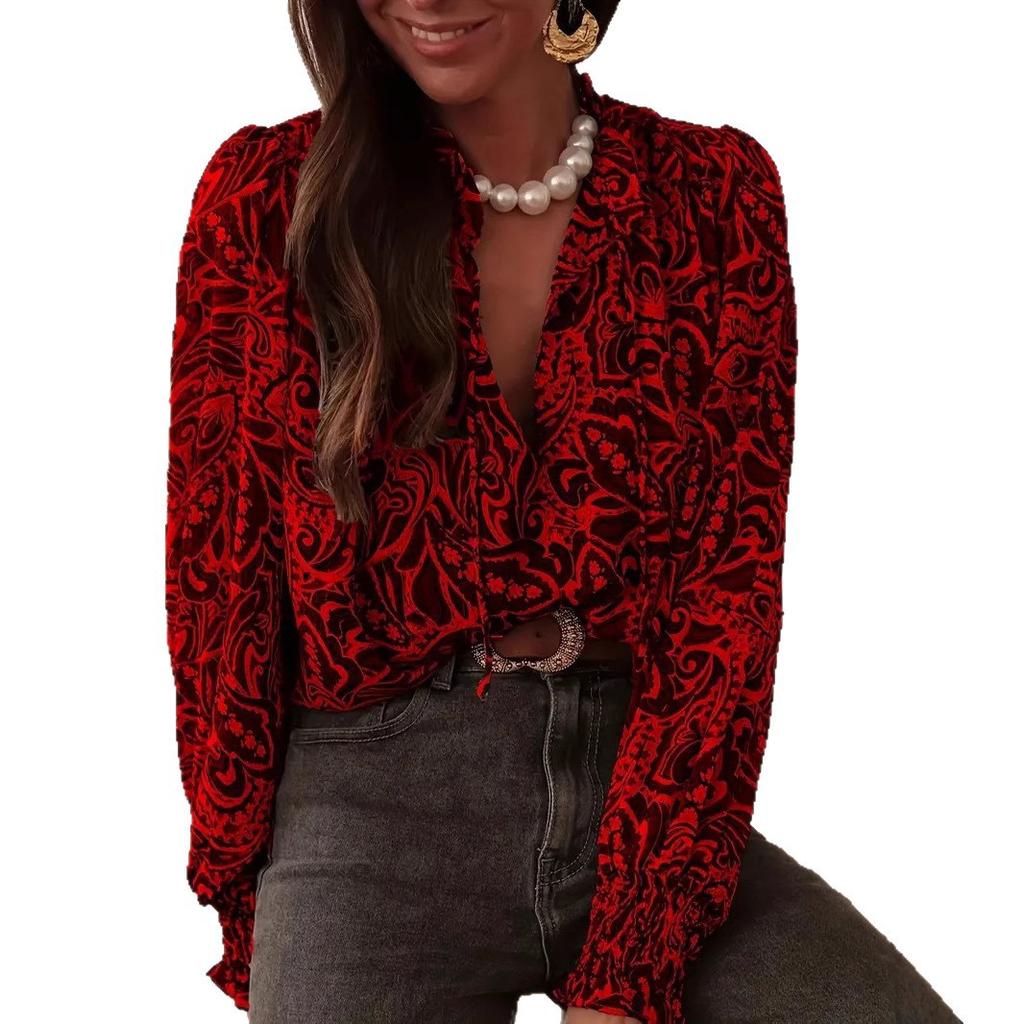 Damen V-Ausschnitt Langarm Hemd mit Paisley-Print