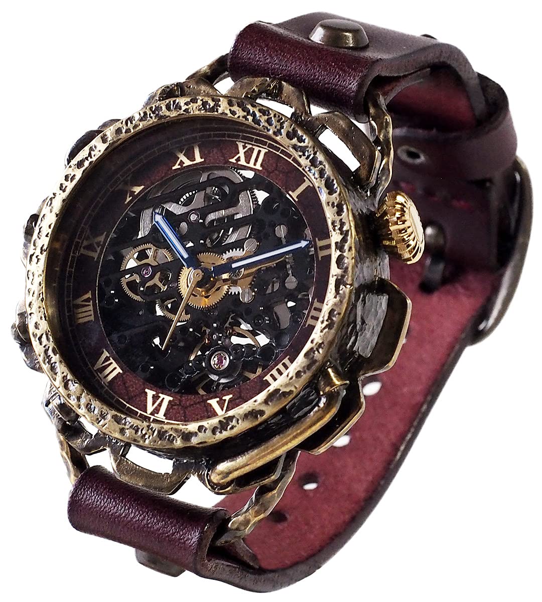 

KINO Handmade Watch Automatic Winding Skeleton Back Kino Punk Black Brass Wine Brown [K-18-BR-WI]
