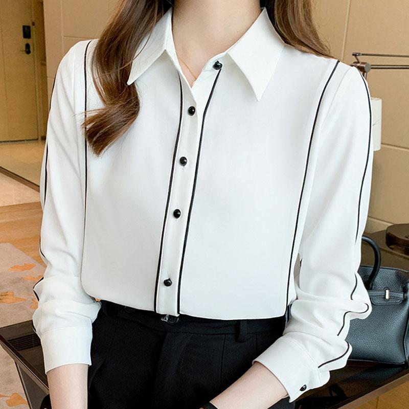 

Модные женские топы с длинным рукавом с отложным воротником, офисная женская белая шифоновая блузка, рубашка J248