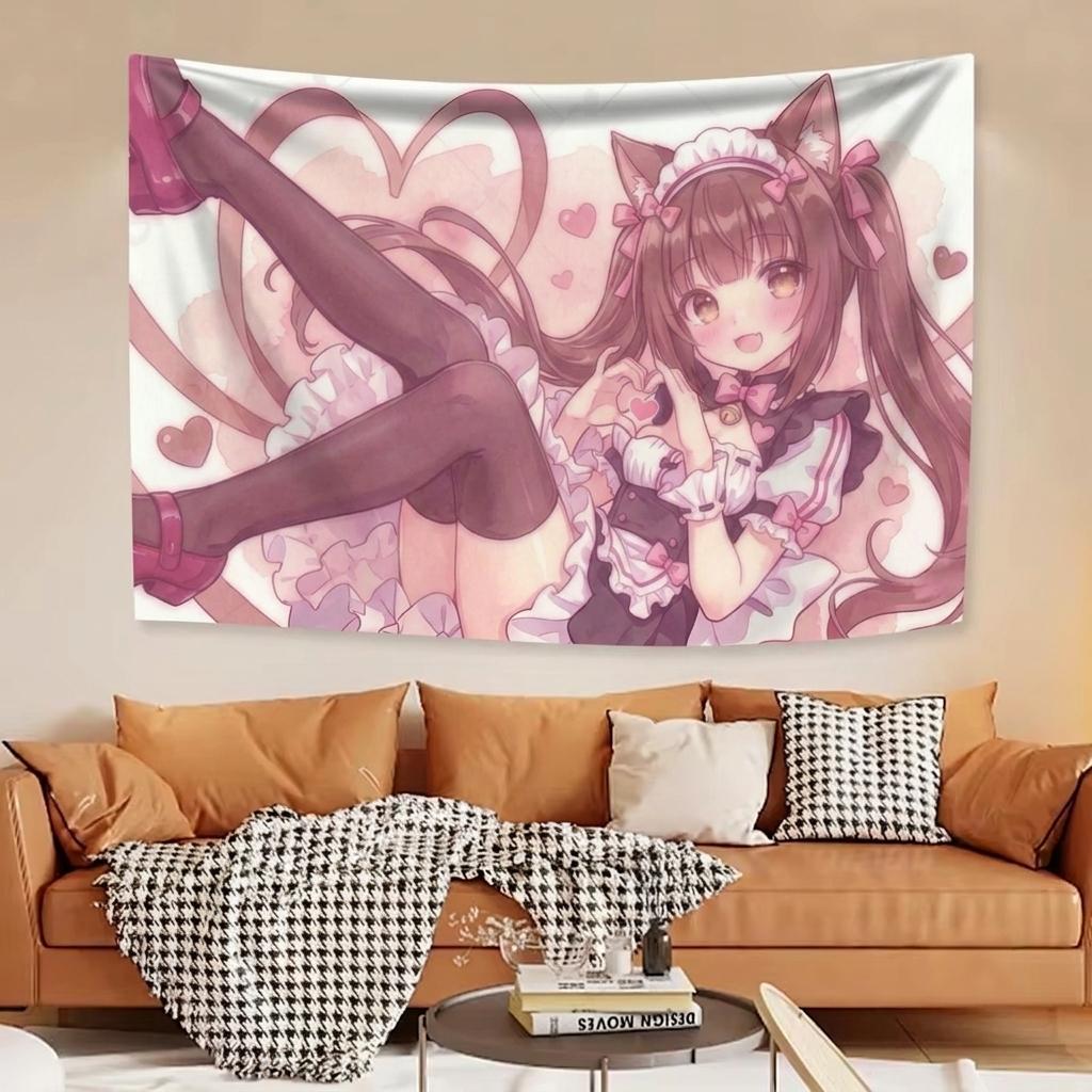 1pc N-Nekopara C-Chocola Maid Tapestry Heart Gesture Pink Bows Print Decor for Neko Anime Fans Bedroom Dorm Home