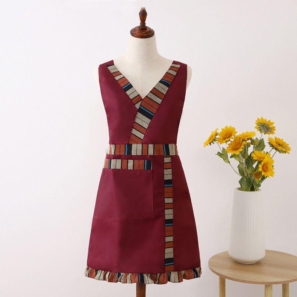 

Anti fouling Adult Waist Aprons National Style Restaurant Work Clothes Coffee House Aprons Female wine red-2