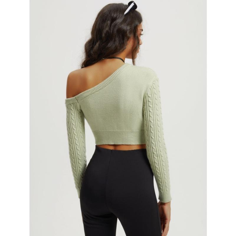 Women's Autumn and Winter Twist Wool Knit Straight Off-the-shoulder Long Sleeve Short Pullover Sweater Top
