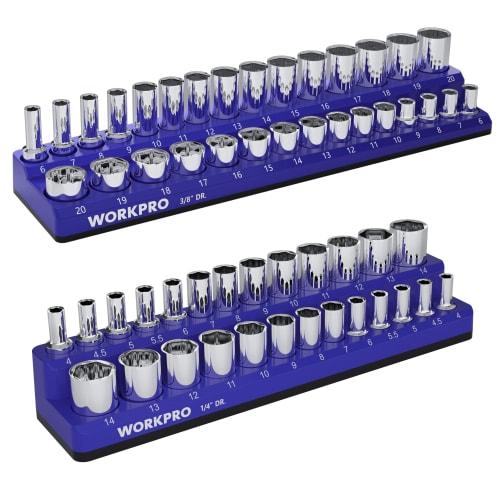 

WORKPRO Магнитный органайзер для торцевых головок, набор из 2 штук, для 6,35 мм (1/4 ) и 9,5 мм (3/8 ) Торцевые головки, вмещает 56 метрических головок (Розетки продаются отдельно)