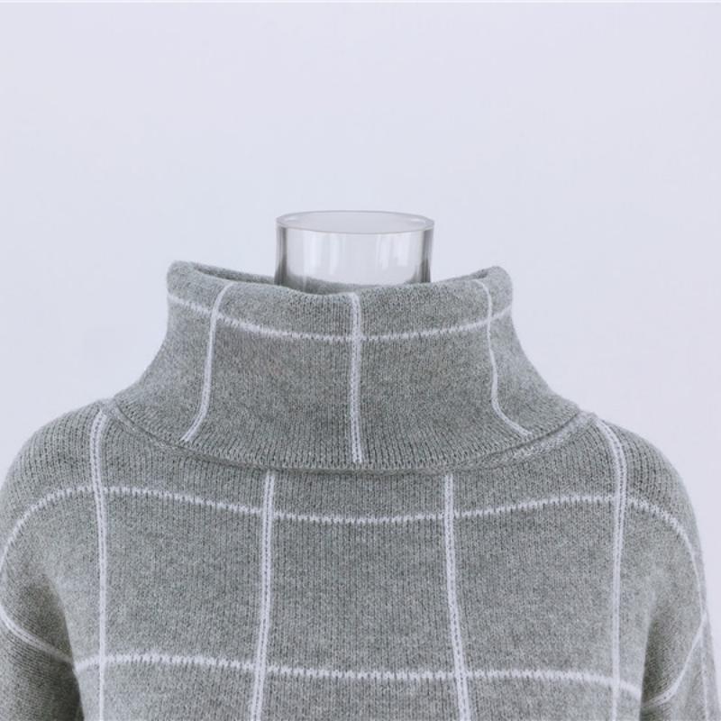 IHUASU Women's Autumn and Winter High Neck Pullover Loose Commuter Knit Sweater Plaid Fashion Jumper