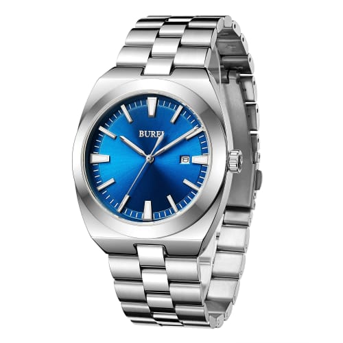 BUREI Men's Analog Quartz Watch, Simple, Waterproof, Silver, Large Dial, Date Display, Popular, Stylish, Gentleman's, Business, Casual, Luminous, Silv