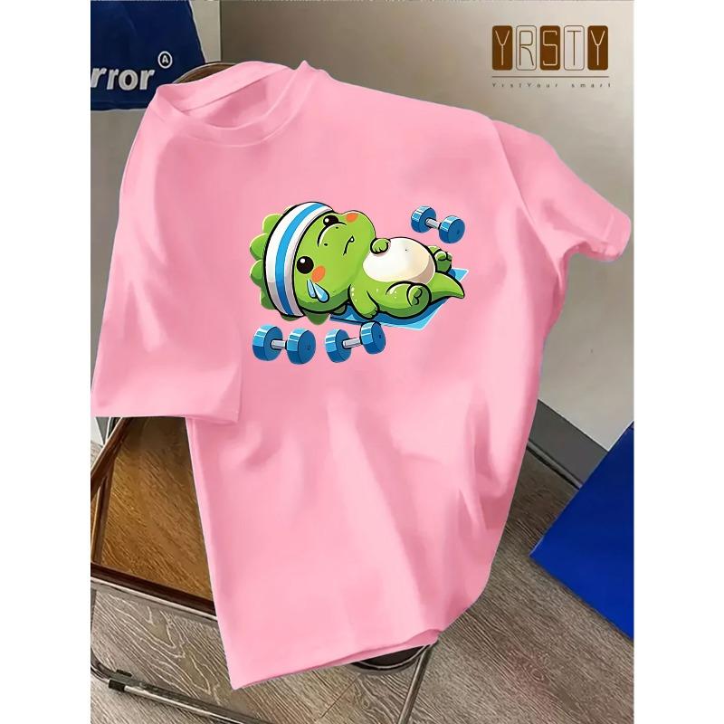 European sizes Cute Green Dinosaur Pattern Casual T-Shirt | Summer New Fashion, Unisex, Short Sleeve, Medium Stretch Fabric, Crew Neck