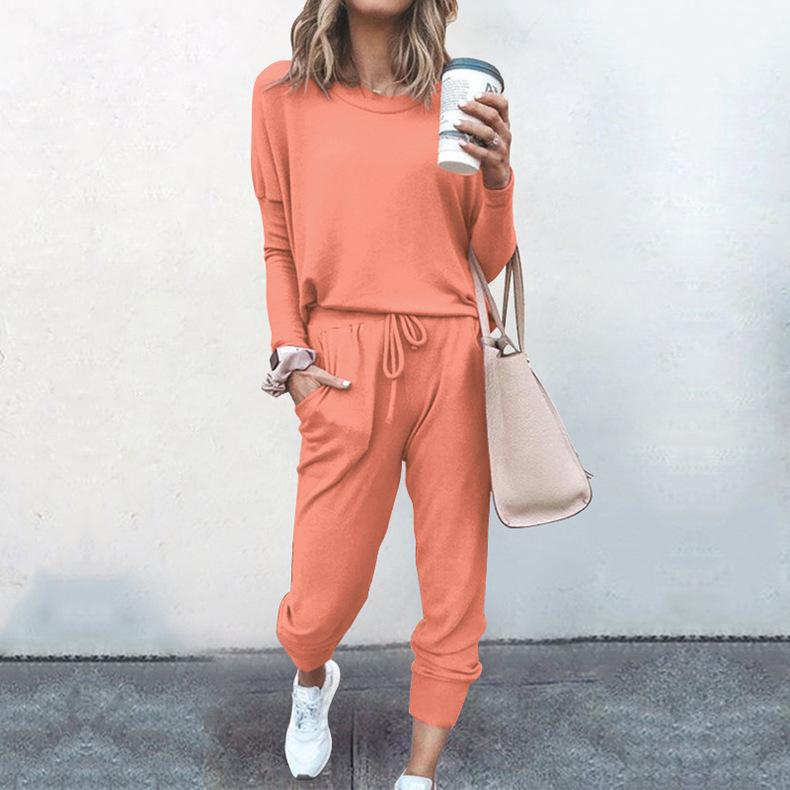 Women's Fashion Casual Spring Autumn Solid Color Print Long Sleeve O-Neck Trousers Pants Suits