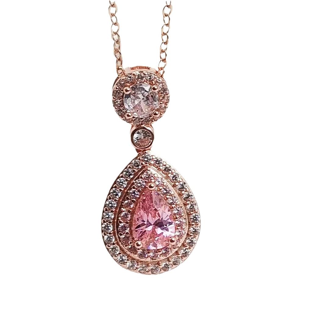 Accessories: Rose Gold-plated Pink Diamond Pear-shaped Necklace Pendant Female Sparkle Drop-shaped Zircon Necklace Jewellery