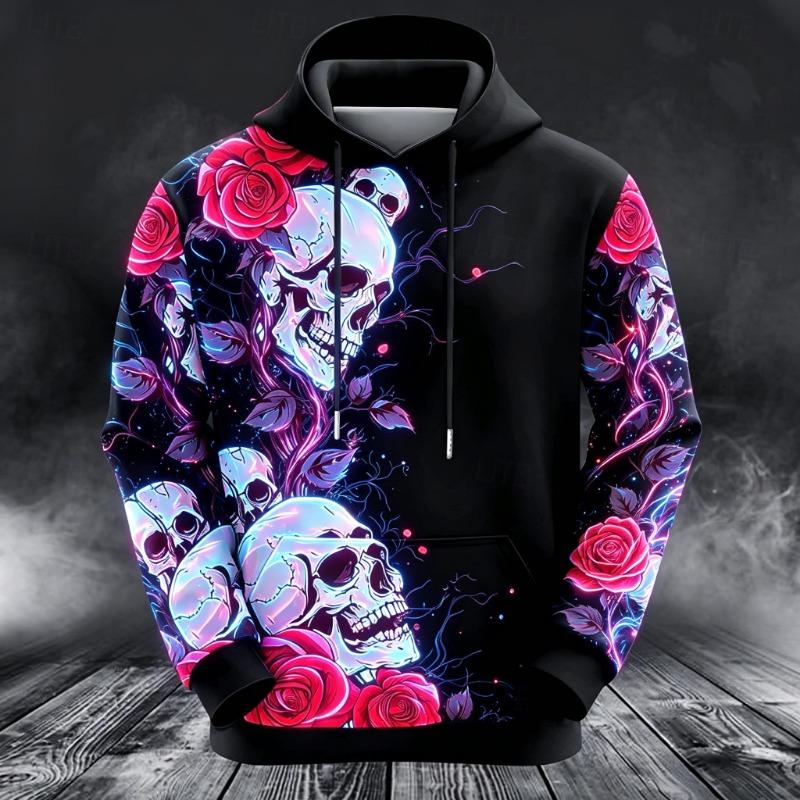Men's Gothic Skull Purple Rose Full Print Hoodie Halloween Long Sleeve Drawstring Hooded Sweatshirt For Party Streetwea