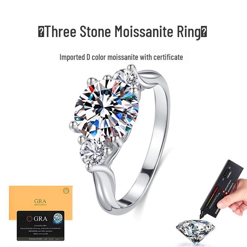S925 Sterling Silver Moissanite Three-Stone Twisted Band Platinum-Plated Engagement Ring for Women