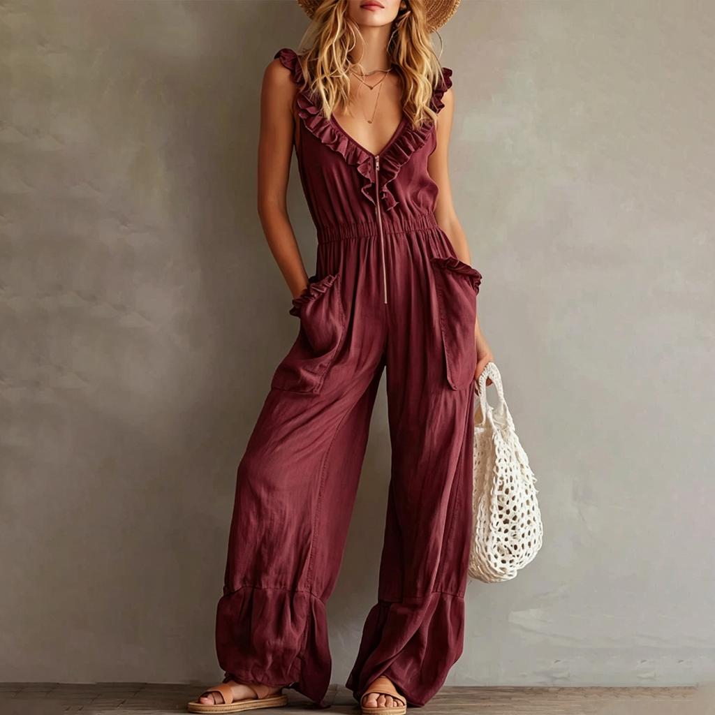 Women's Sleeveless V Neck Jumpsuit with Zipper Front Pockets Ruffle Details Wide Leg Casual Vintage Style Romper
