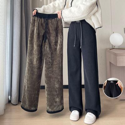 Fashion Women Elegant Fleece Lined High Waist Warm Casual Wide Leg Pants Straight Pant Solid Color Elastic Waist Long Pant