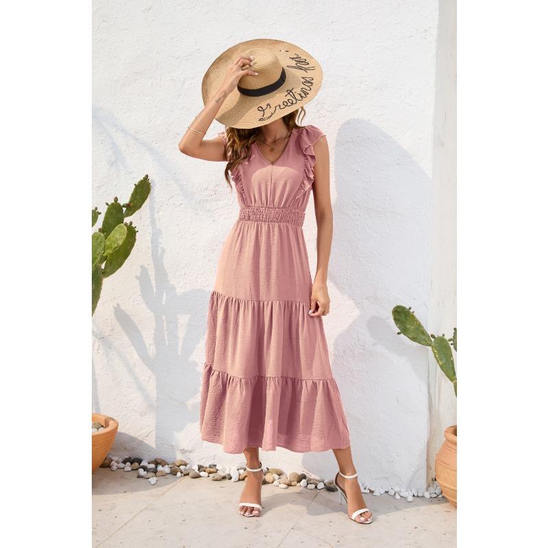 V-Ausschnitt Hohe Taille Langes Kleid Lässig Urlaubsreise