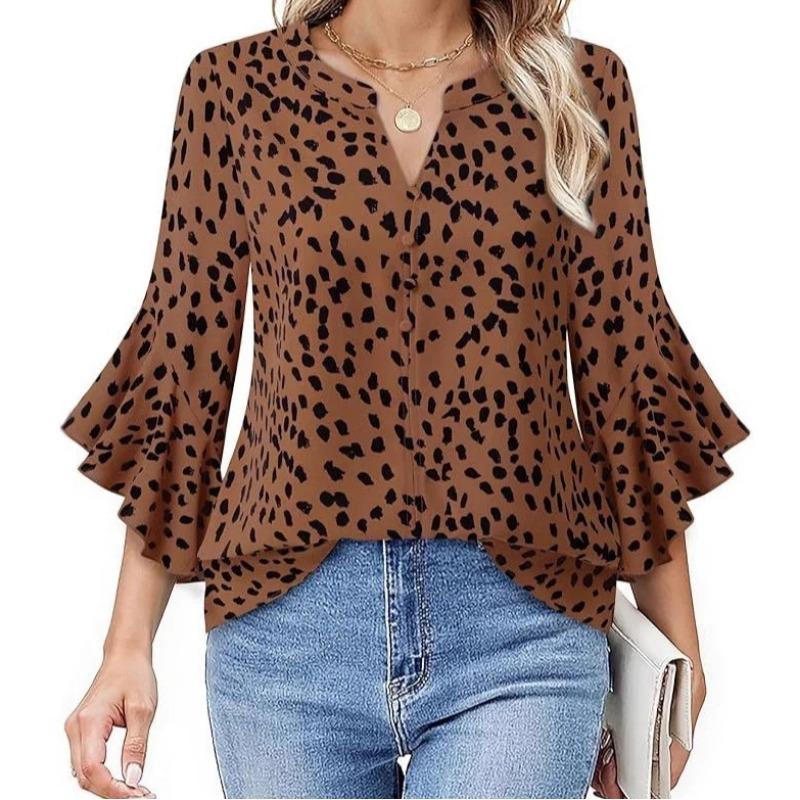 Women Leopard Print Blouse V Neck Bell Sleeve Casual Button Down Shirt