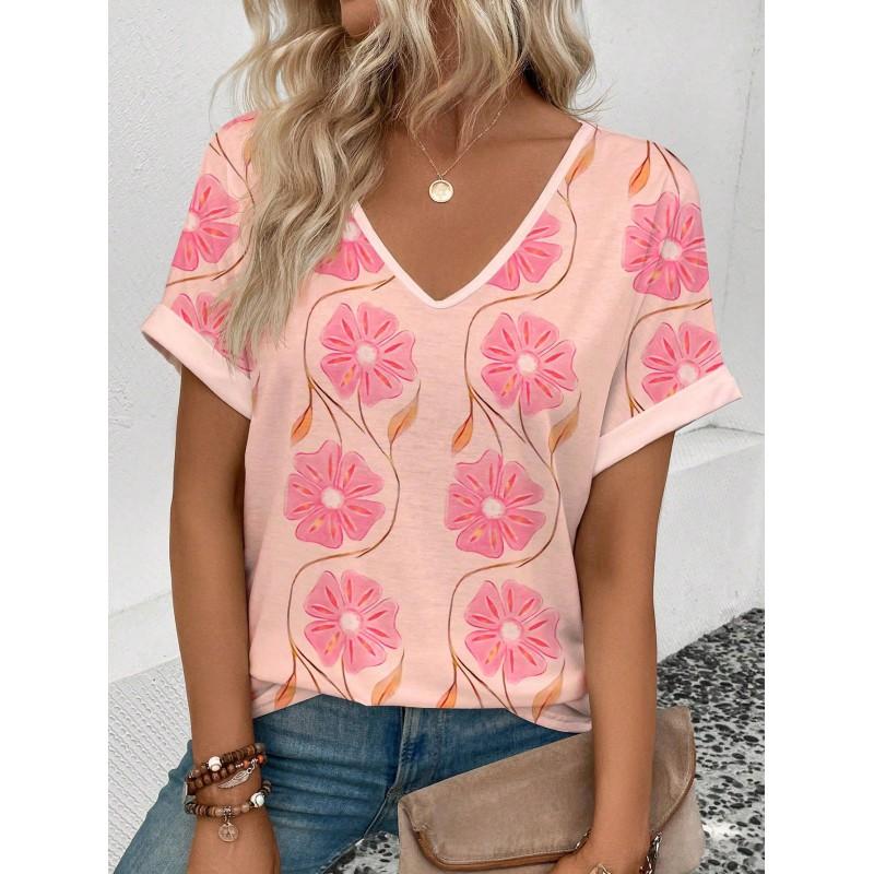 Womens V-Neck Short Sleeve T-Shirt With Leopard Print 3D Effect Colorful Ink Loose Fit Casual Office Wear