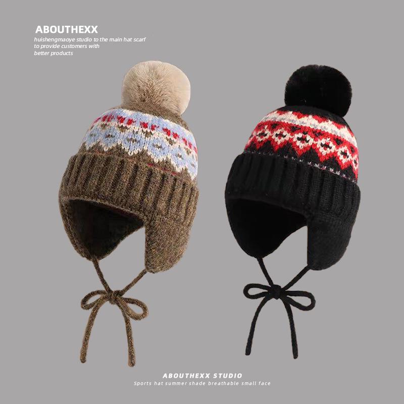 Fair Isle Style Fur Ball Knitted Hat for Women Autumn and Winter Ear Protection Woolen Hat Northeast Thickened Warm Outdoor Pullover Hat Trend