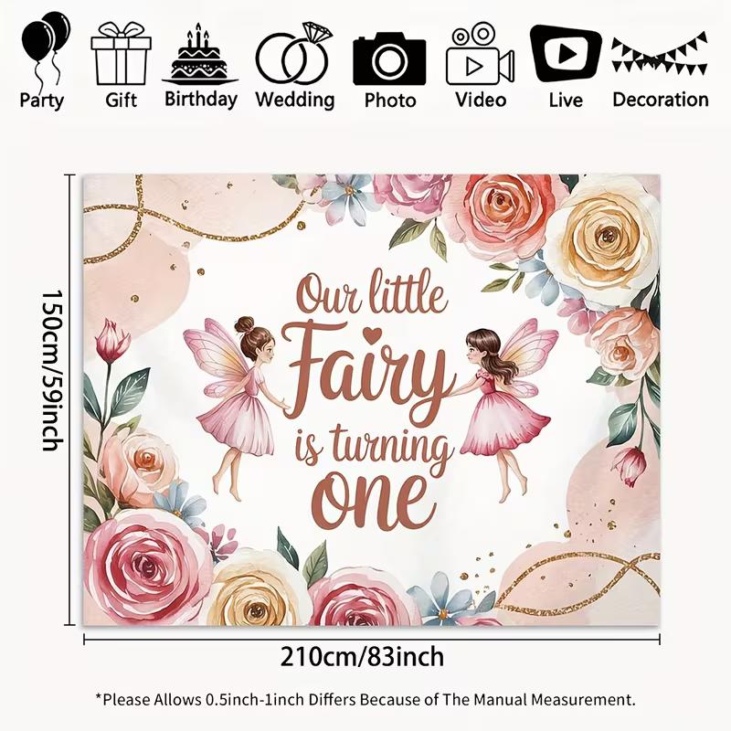 

2D Fairy Themed 1st Birthday Backdrop Watercolor Flower Photo Background Banner for Party 47.2x31.5inch/120*80cm