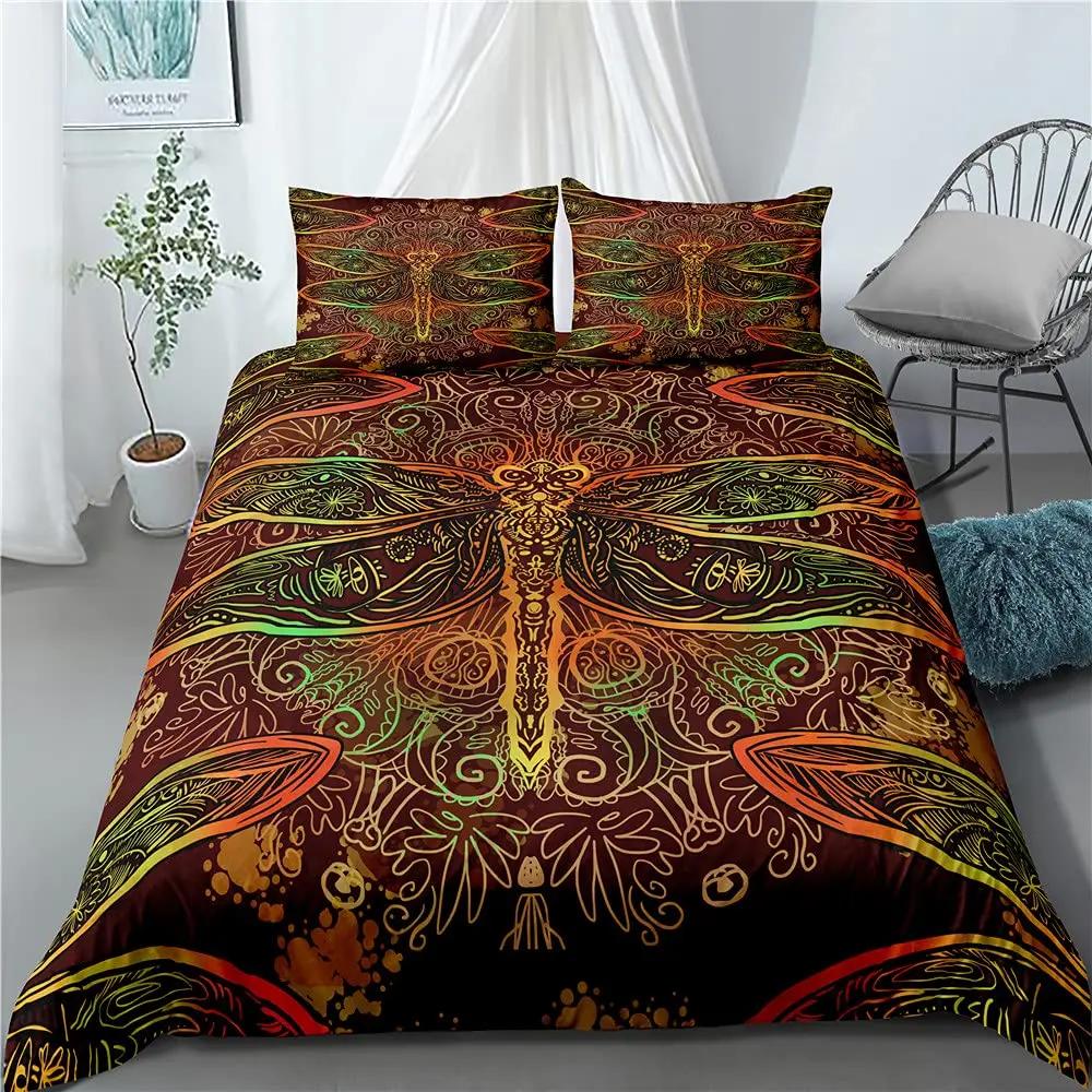 Bohemian Dragonfly King Queen Duvet Cover Mandala Paisley Bedding Set Tie Dye Trippy Gypsy Quilt Cover Polyester Comforter Cover