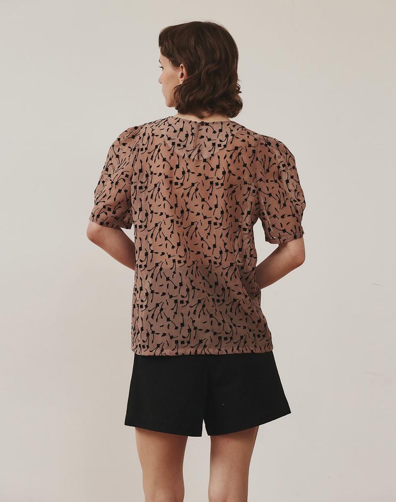 GIEMAR Black Flower Chiffon Blouse Beige
