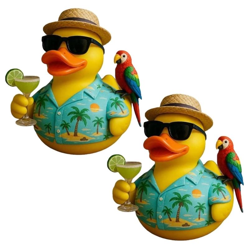 Beach Theme Duck with Parrot Ornament Waterproof Resins Craft Tropics Music Tributes Ornament For Shelf Table Display