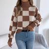 Women Casual High Neck Color Block Plaid Lantern Long Sleeve Pullover Sweater