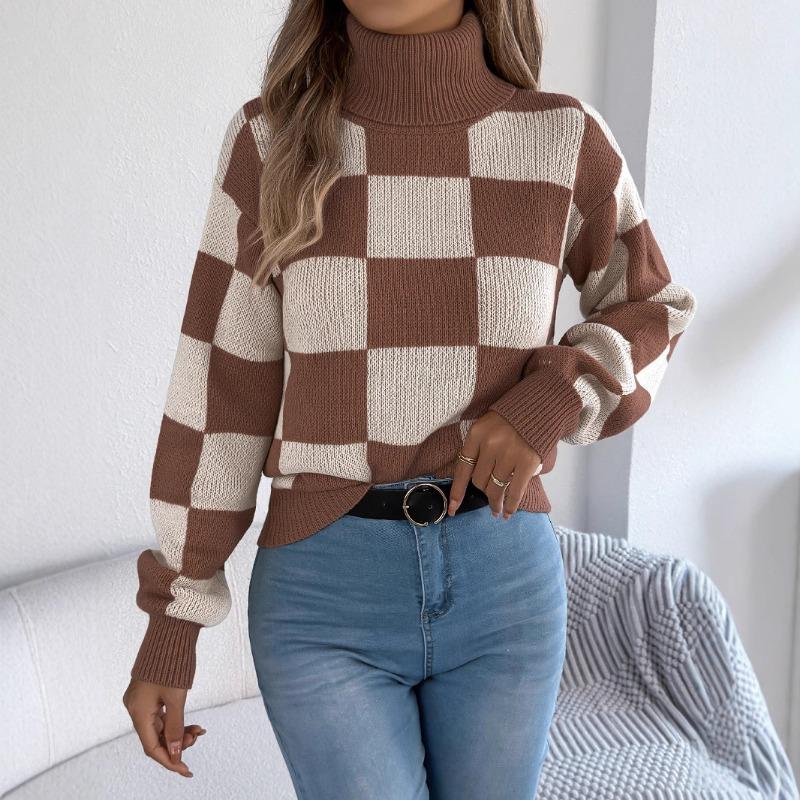 Women Casual High Neck Color Block Plaid Lantern Long Sleeve Pullover Sweater