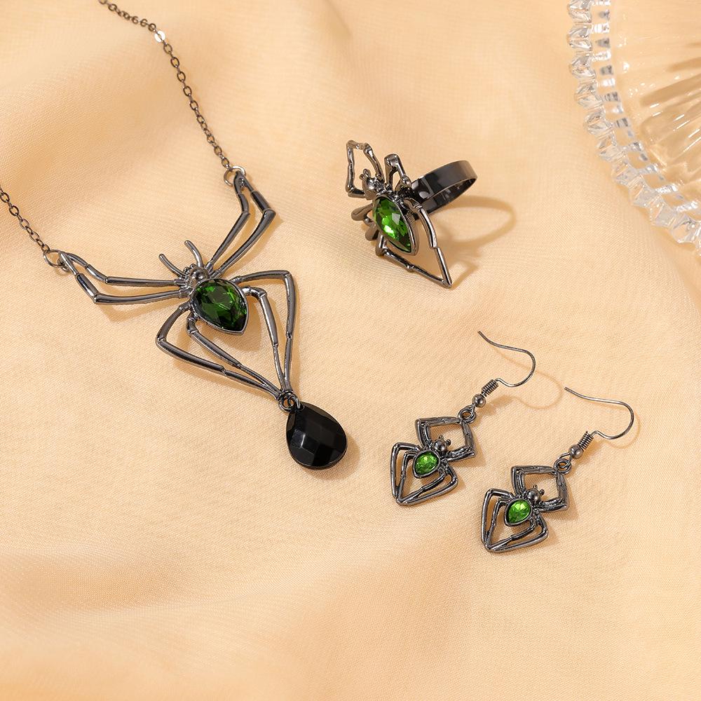 Halloween Vintage Smaragd Spinnen Schmuckset: Halskette, Ohrringe & Ring