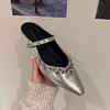 Fashion Silver Satin High Heels Pumps Summer Sandals Rhinestone Flat Strap Mid Shoes Spring Low Heels Slingbacks Female Shoes