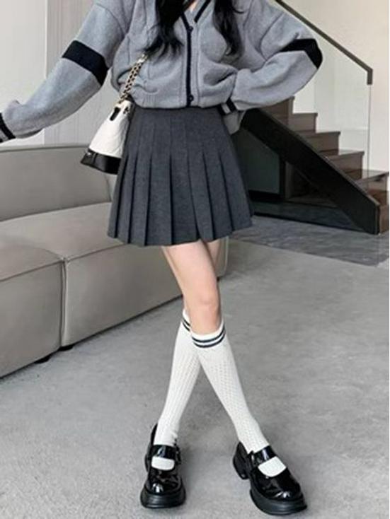 High-Waisted Woolen Pleated Grey Skirt - Autumn/Winter School Style JK Uniform Skirt