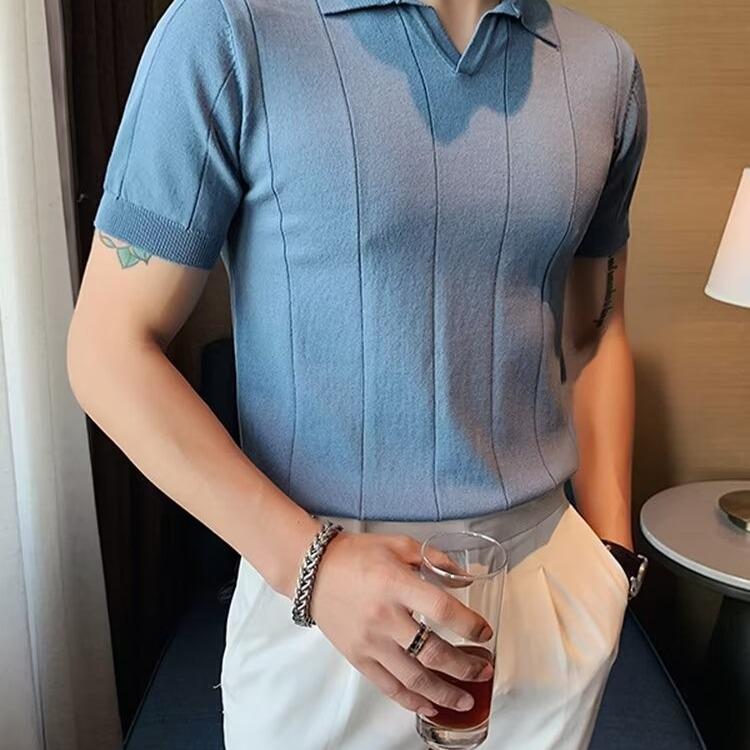 Men's Summer 2024 Slim V-Neck Knitted Polo T-Shirt - Short-Sleeved Business Casual Top