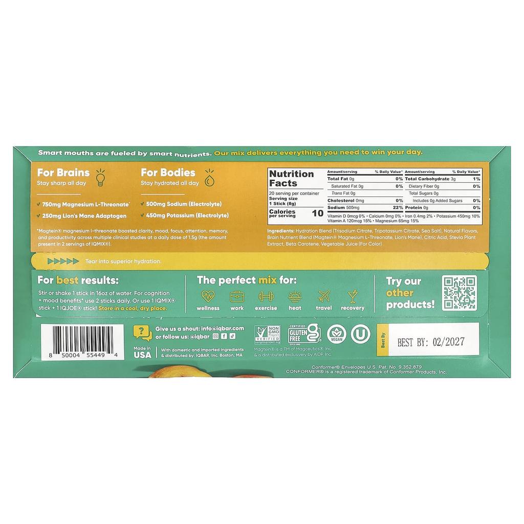 IQBAR, IQMIX®, Hydration + Clarity + Mood Mix, Peach Mango, 20 Count, 8 g (0.28 oz) Each