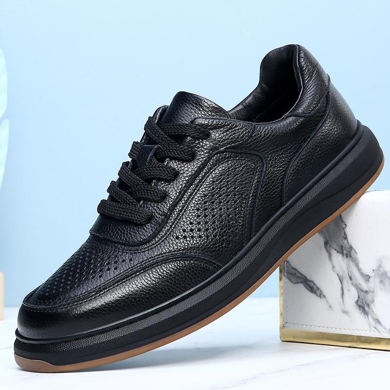 [Tie-free] First-layer Cowhide Board Shoes Men's Fashion Elastic Band Four-season Breathable Black Foot Cover Lazy Light Luxury Shoes