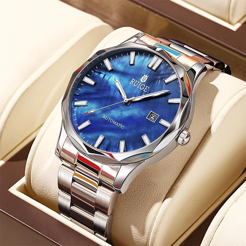 Blaue Zifferblatt Herren Automatische Mechanische Uhr Edelstahlarmband Datumsanzeige Wasserdicht Leuchtend Luxus Business Armbanduhr