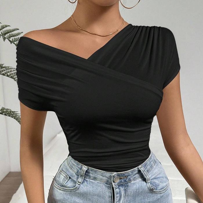 Ladies Summer Short Sleeve Skew Collar Solid Color Slim Fit Bodycon Pullover Casual T Shirt Top