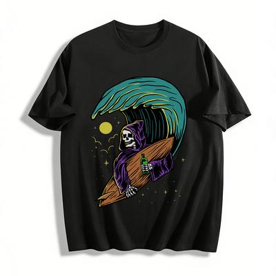 Vintage Surfing Skull Print Tee Street Style Casual Crewneck Top Pure Cotton T-shirt