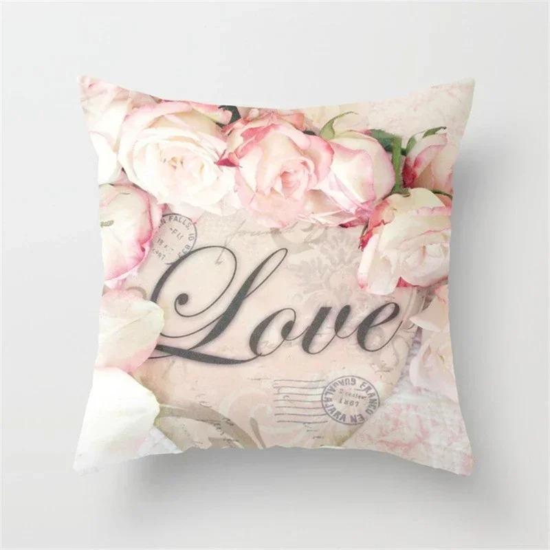 Home Decor Pink Roses and Love Pattern Pillow Cover Pattern Cushion Cover Suitable for Sofa Bedroom Car Pillow Cover