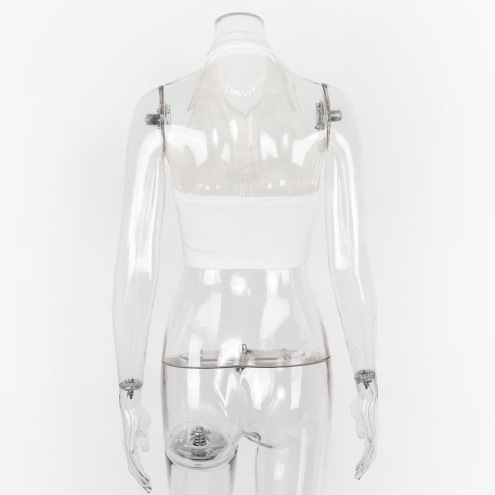 Sexy Knopf Tief V-Ausschnitt Ärmellos Sommer Weißes Crop Top Rückenfrei Damen Neckholder Tanktop Club Streetwear Lässige Oberteile