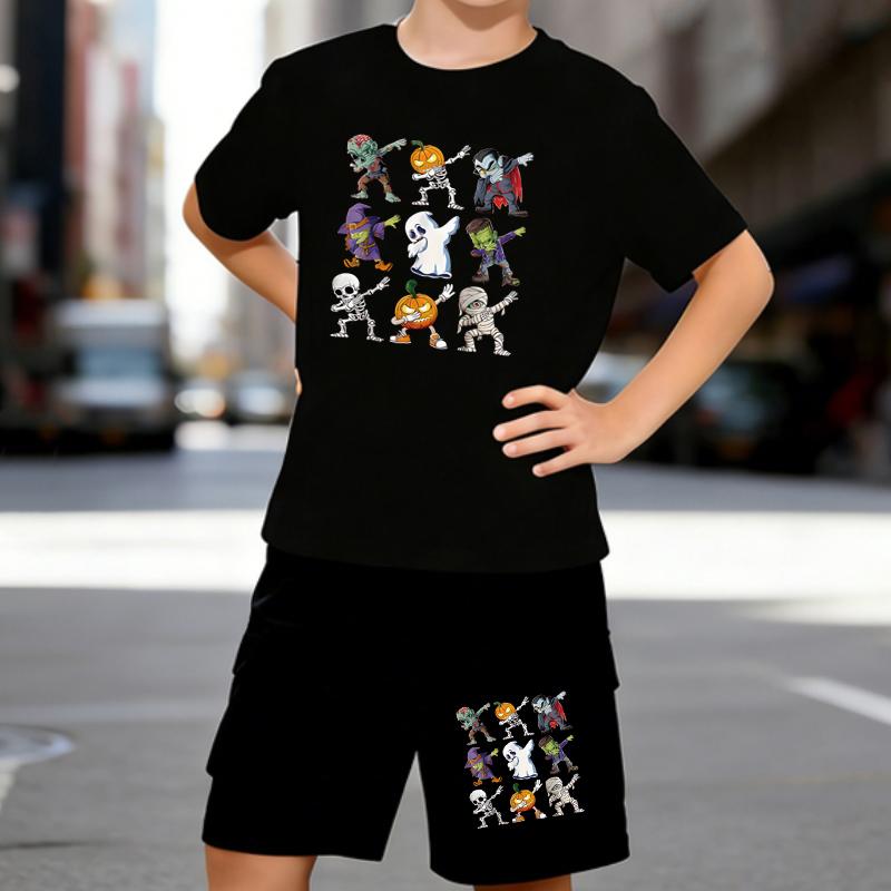 

Boys 2 Piece Funny Halloween Themed Print outfit, Short Sleeve T-Shirt and Shorts Set for Kids Age 5-14,Black ,White Sporty Casual Summer Clothes 5-6 Years чёрный